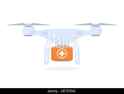 Drone delivering first aid kit. Drug delivery by quadrocopter, modern technologies in medicine. Concept flat style vector illustration Stock Vector
