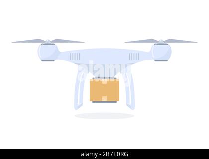Drone delivery concept illustration. Delivery quadrocopter with package. Vector illustration in flat style Stock Vector