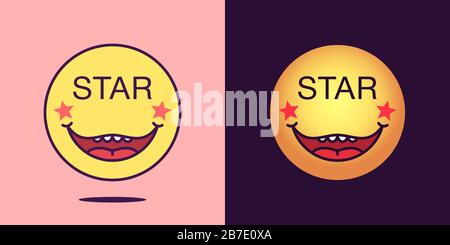 Emoji face icon with phrase Star. Starry emoticon with text Star. Set of cartoon faces, emotion icon for social media communication, celebrity sticker Stock Vector