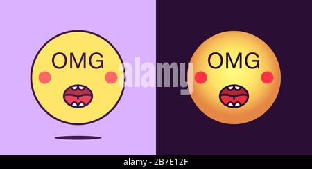 Emoji face icon with phrase OMG. Excited emoticon with text OMG. Set of cartoon faces, emotion icon for social media communication, stunned sticker an Stock Vector