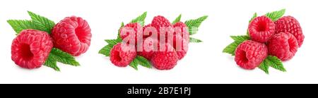 Ripe raspberries with leaf isolated on a white background, Set or collection. Stock Photo