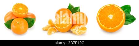 tangerine or mandarin fruit with leaves isolated on white background. Set or collection. Stock Photo