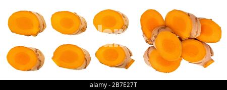 turmeric root slices isolated on white background. Top view. Flat lay. Stock Photo