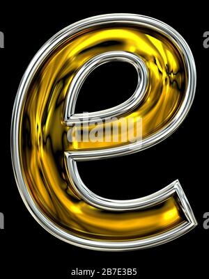 3D rendering. Lowercase Letter e. Recent Door number style font. Pure high resolution ABC render.  Embossed metal inspire. Silver rimmed. Isolated on Stock Photo