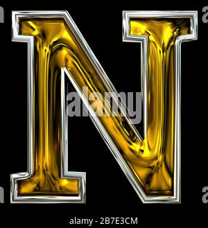 3D rendering. Uppercase Letter N. New Door number style font. Embossed metal light. Pristine high resolution ABC render.  Silver rimmed. Isolated on b Stock Photo