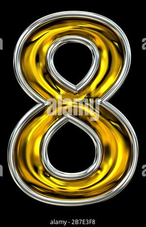 3D rendering, number eight 8. Embossed metal blend. Clean high resolution ABC render.  Recent Door number style font. Silver rimmed. Isolated on black Stock Photo