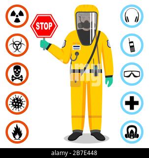 Medical concept. Illustration of standing doctor holds a stop sign. Man in yellow protective suit and mask. Dangerous profession. Virus, infection Stock Vector