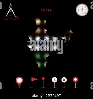 Dotted map of India painted in the colors of the national flag of India. Waving flag effect. Map tools, set of cartographic icons. Vector illustration Stock Vector