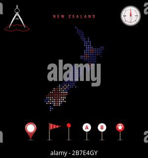 Dotted map of New Zealand painted in the colors of the national flag of New Zealand. Waving flag effect. Map tools, set of cartographic icons. Vector Stock Vector