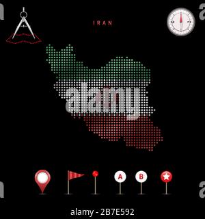 Dotted map of Iran painted in the colors of the national flag of Iran. Waving flag effect. Map tools, set of cartographic icons. Vector illustration Stock Vector