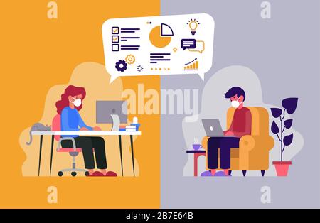 Vector illustration of two workers telecommuting from their homes because of the coronavirus Stock Photo