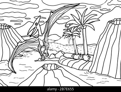 Dinosaur Pterodactyl or Pteranodon coloring book for children and adults.Hand drawn antistress coloring page. Vector outline T Rex illustration. Stock Vector