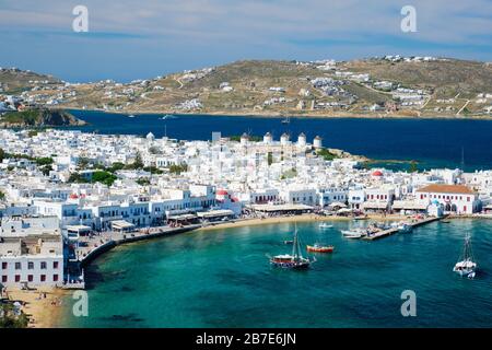 Mykonos island port with boats, Cyclades islands, Greece Stock Photo