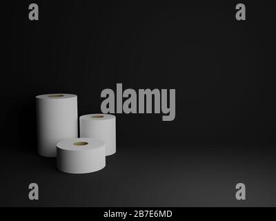 Realistic 3D toilet and kitchen papers, three rolls. Black background. Stock Photo