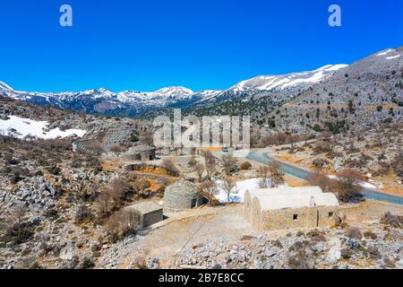 Mitato (hut built from locally gathered stones to provide shelter to shepherds) on mount Psiloritis (Ida) near Rouvas forest, Crete, Greece. Stock Photo