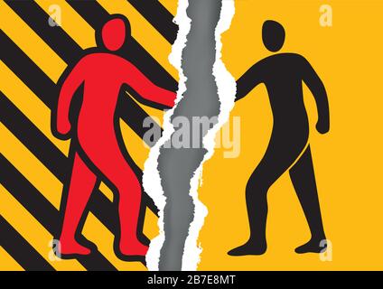 No Handshake,risk of virus transmission. Torn yellow paper with two male silhouettes hand shaking at a meeting. Risk of personal contact and touch. Stock Vector