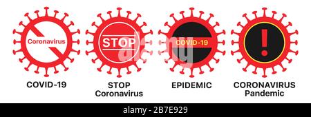 Coronavirus icon set. Global epidemic of COVID-19 infection, warning sign set. Coronavirus pandemic, dangerous spread of the virus infection worldwide Stock Vector
