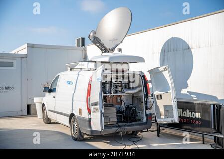 Marbella - January 7, 2020: The transmitting car with a satellite antenna on the roof ensures the transmission of the video signal via satellite to Stock Photo