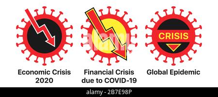 Economic crisis and coronavirus, icon set. Global financial crisis due to COVID-19 virus infection, warning sign set. Stock drop, decrease market trad Stock Vector