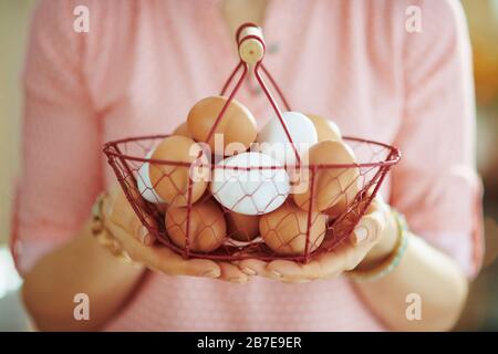 Closeup on housewife holding basket with eggs in the living room in sunny spring day. Stock Photo
