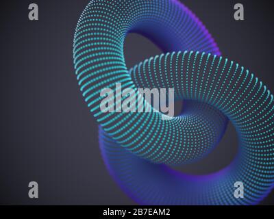 Linked 3D torus made up of glowing particles on dark background. Stock Vector
