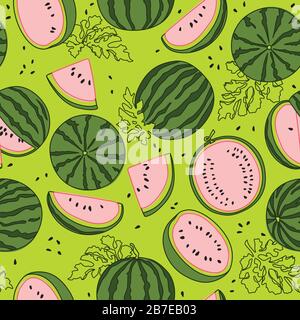 Colorful and Modern Watermelon Fruit Vector Seamless Pattern on Green Background Stock Vector