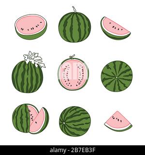 Colorful and Modern Watermelon Fruit Selection Vector Drawing Designs Isolated on White Background Stock Vector