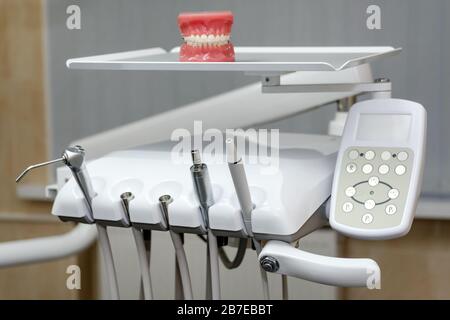 Different dental instruments and tools in a dentists office, dentist tools Stock Photo