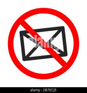 No mail sign on white background. No envelope icon. Red prohibition sign for mail. Mailing forbidden concept. Vector icon isolated. Stock Vector