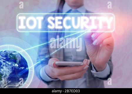 Text sign showing Iot Security. Business photo text practice of eradicating vulnerabilities in IoT devices Elements of this image furnished by NASA Stock Photo