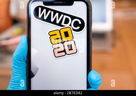 WWDC 2020 on the iPhone screen. LOS ANGELES, CALIFORNIA, MARCH 2020 Stock Photo