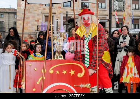 Colorful carnival parade down the street with clowns and jugglers in Zamora, Spain in February, SPAIN-FEBRUARY 12, 2010 Stock Photo