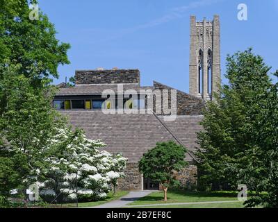 SWARTHMORE, PA - MAY 2019:  Swarthmore College has a very attractive park-like campus with stone gothic style buildings Stock Photo