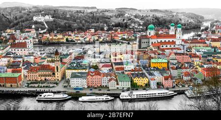 Impressive Passau old town,panoramic view,Germany. Stock Photo