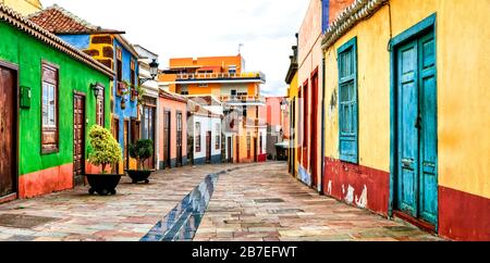 Traditional colorful houses in Los Llanos de Aridane village,La Palma island,Spain. Stock Photo