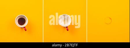 Collage of their three photos with a full, empty cup of coffee and a coffee stain on a yellow background. Top view. flat lay. Stock Photo