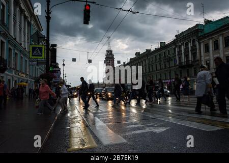 ST. PETERSBURG, RUSSIA - JULY 15, 2016: Nevsky prospect, typical street scene with people walking along the avenue in Saint Petersburg, Russia Stock Photo