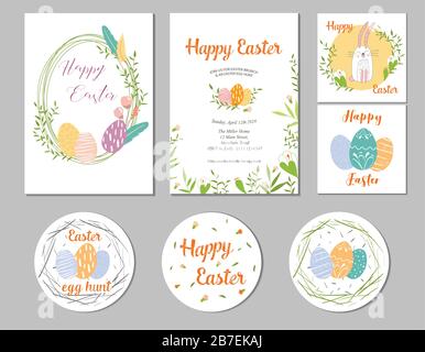 Happy Easter templates with eggs, flowers, floral wreath, rabbit and typographic design. Good for spring and Easter greeting cards and invitations. Stock Vector
