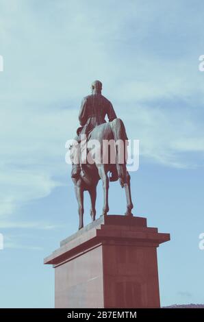 Budapest, Hungary - Nov 6, 2019: Back of the Horseman statue of Artur Gorgei, also spelled Gorge. Hungarian military leader, general of the Hungarian Revolutionary Army. Vertical photo with filter. Stock Photo