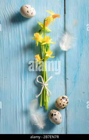 Daffodils with Easter eggs and feathers as background Stock Photo