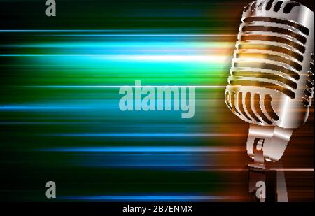 abstract green blur music background with retro microphone Stock Vector