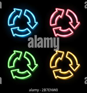 Blue red green yellow neon light color recycle symbol sign set on black background. 3 arrows in circle glowing icon. Recycling logo design. Waste reus Stock Vector
