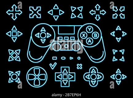 Neon light game ui sign set on black background. Blue arrow cursor icons. Retro 80s console gaming style. Controller keys with direction cross on and Stock Vector