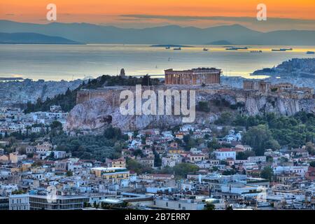 Acropolis at sunset in Greece capital Athens Stock Photo