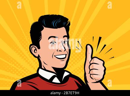 Happy man showing thumbs up. Retro comic pop art vector Stock Vector
