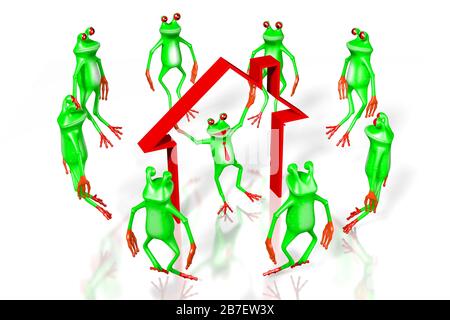 3D cartoon frogs and house shape - great for topics like mortgage (loan), house buy/sell, other housing issues etc. Stock Photo