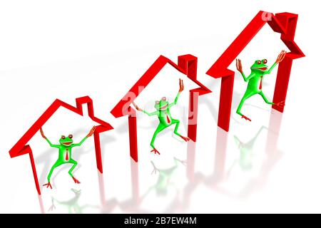 3D cartoon frogs and house shapes - great for topics like mortgage (loan), house buy/sell, other housing issues etc. Stock Photo