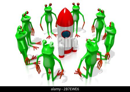 3D cartoon frogs and a rocket - great for topics like cosmos, space exploring being an astronaut etc. Stock Photo