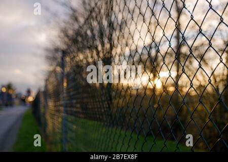 Silhouette selected focus or close up view of green metal grill fence and blur background of natural atmosphere with tree, cloud sky and sunlight. Stock Photo