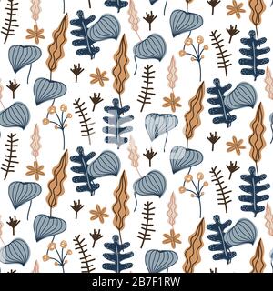 Floral seamless pattern with plants and flowers. Vector brown blue background. Stock Vector